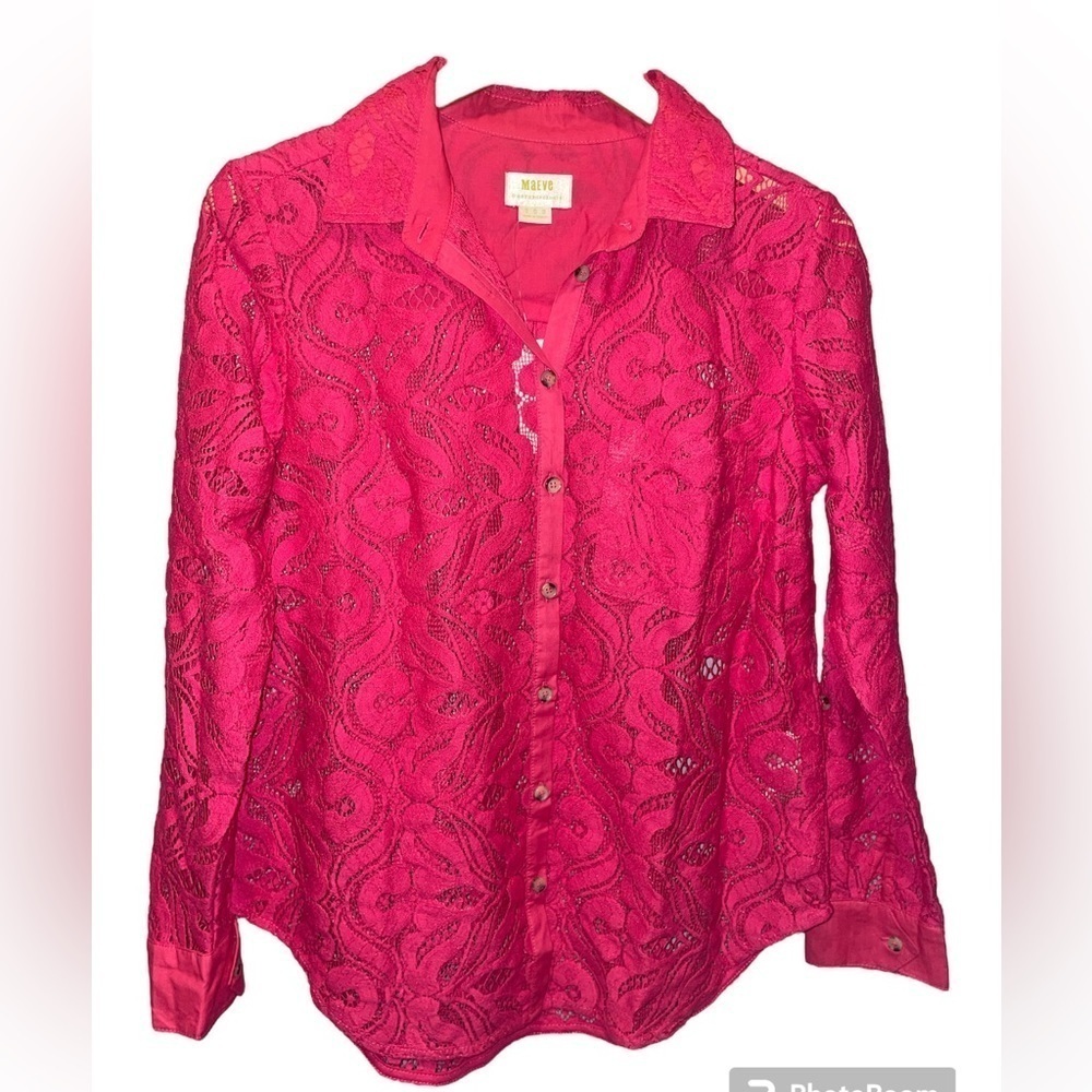 MAEVE by Anthropologie hot pink lace long sleeve button down top 8 NWT